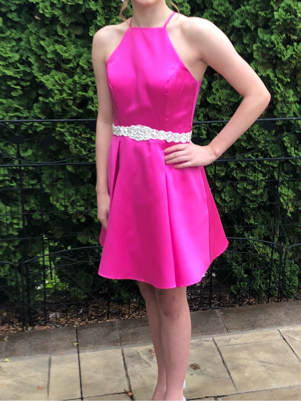 Hot Pink Halter Fit-and-Flare Dress with Beaded Waist